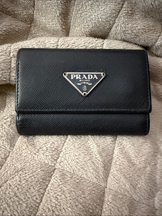 Prada Accessories - Prada Black Saffiano Leather Card & Key Holder with Metal Triangle Logo